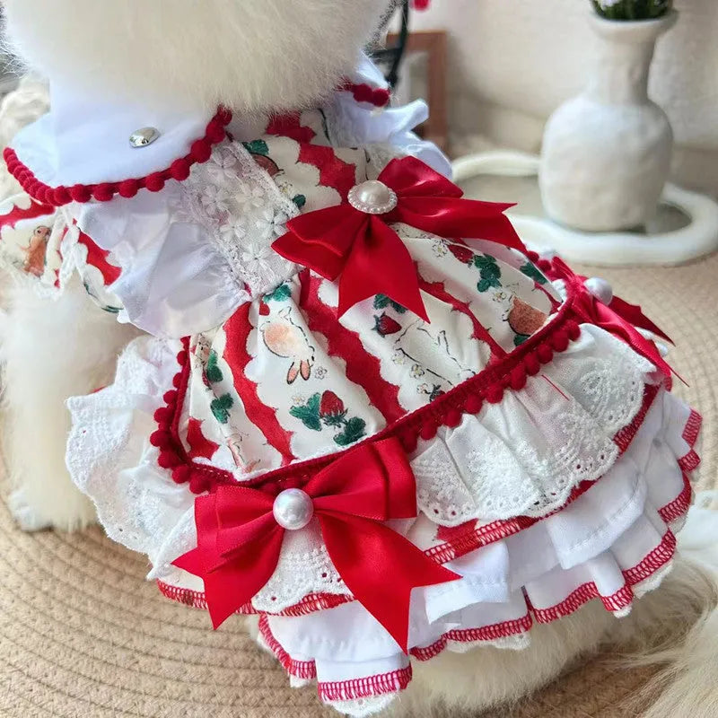 Small dog wearing a rabbit skirt coloured princess-style dress.