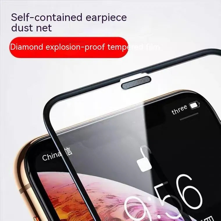 Tempered glass privacy screen protector for iPhone showing anti-peeping and dustproof features.