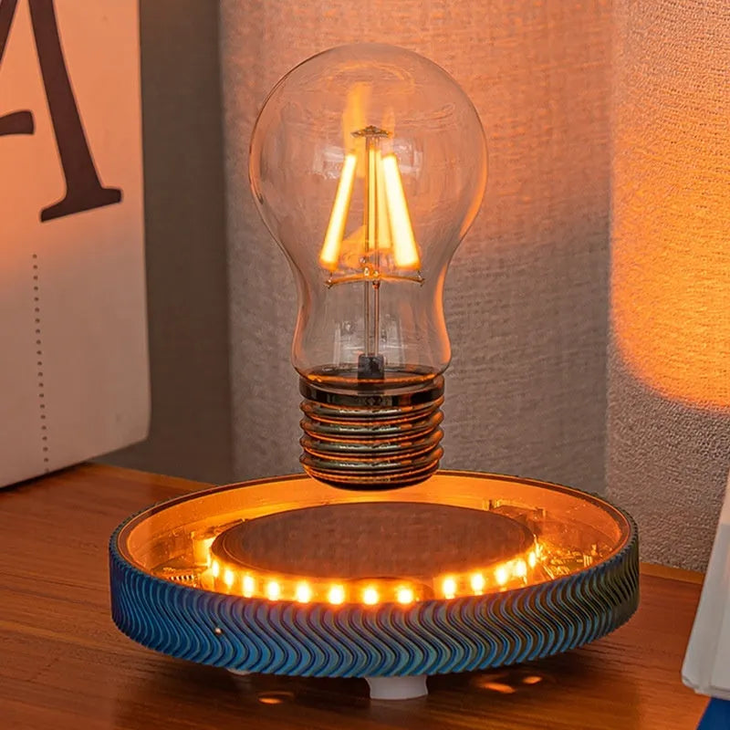 Magnetic suspension moon night lamp with 3D printed modern design on shelf