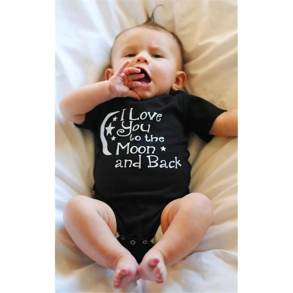Black boys' romper bodysuit with moon star letter print, short sleeve, single-breasted closure