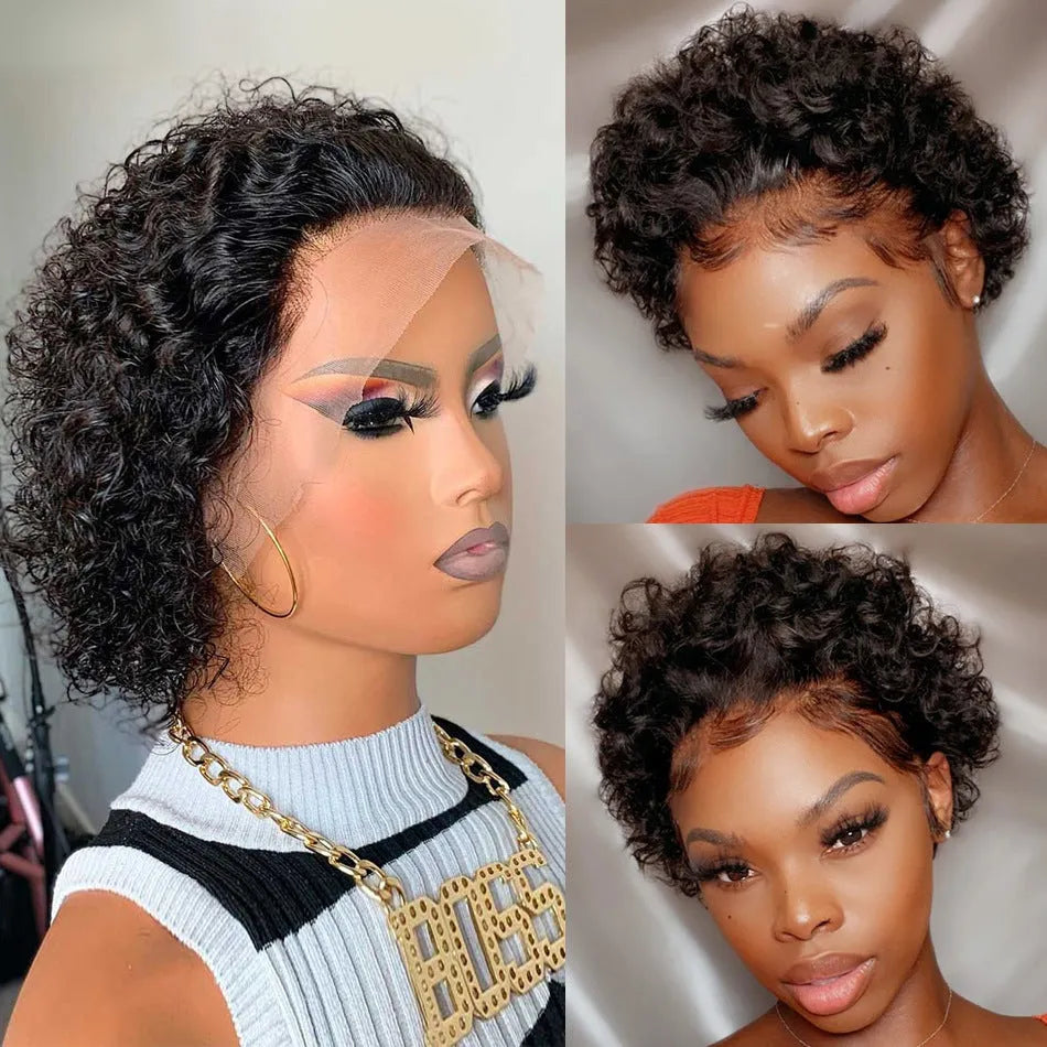 Black human hair lace front pixie wig on a mannequin head