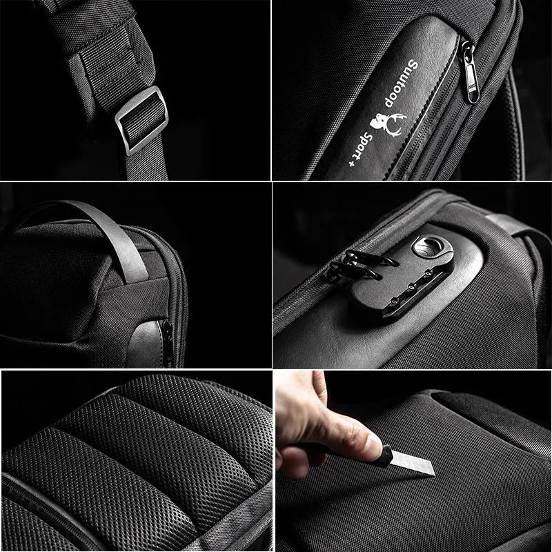 Men's anti-theft chest bag in Oxford cloth with combination lock and USB charging port, medium size, black colour