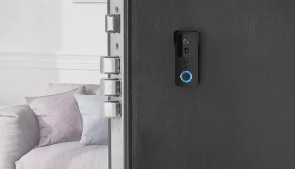 Smart home waterproof visual doorbell with camera and 18650 battery, shown in black and white doodle board designs.