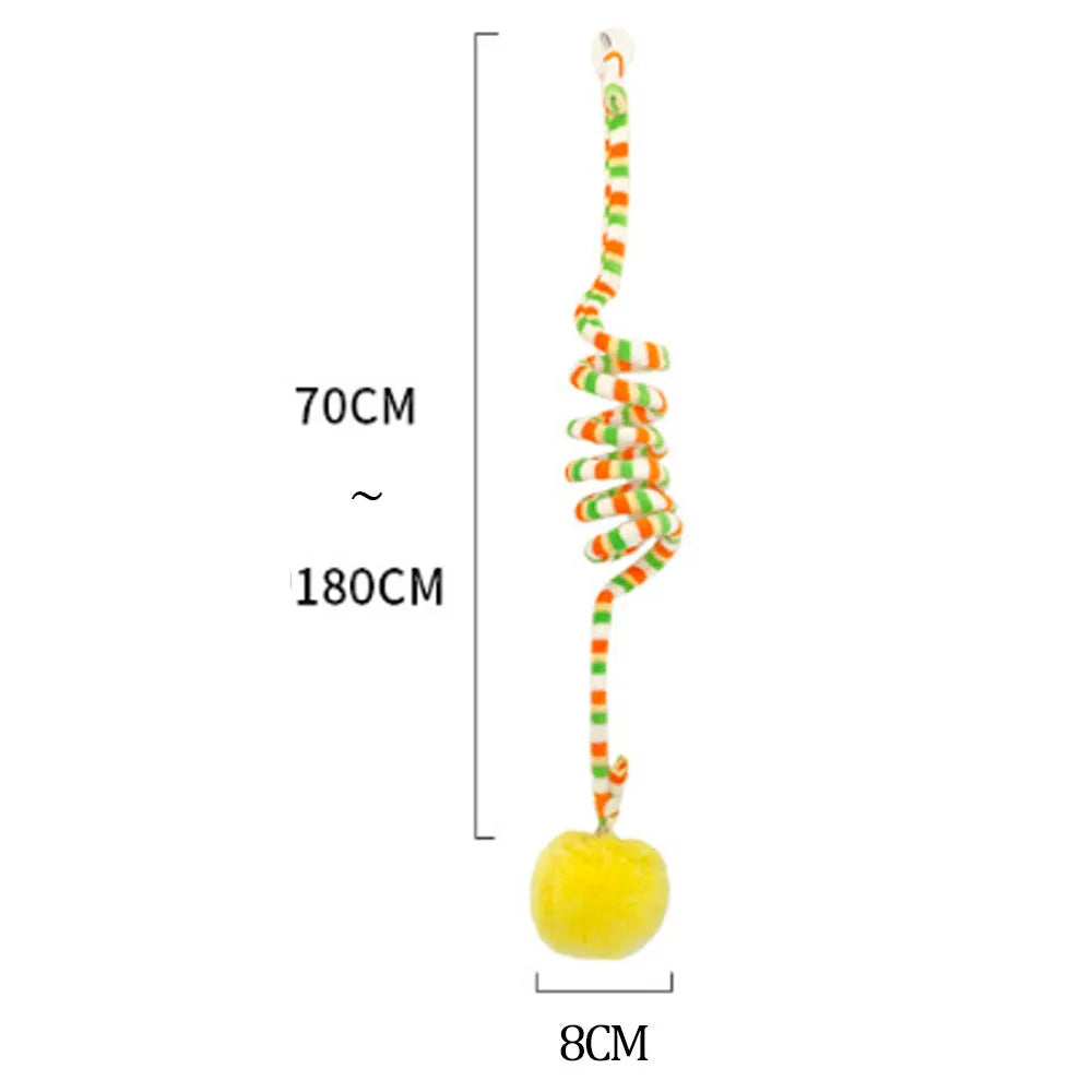 Hanging cat toy with colourful inflatable ball and bell stick mounted on door with suction cup