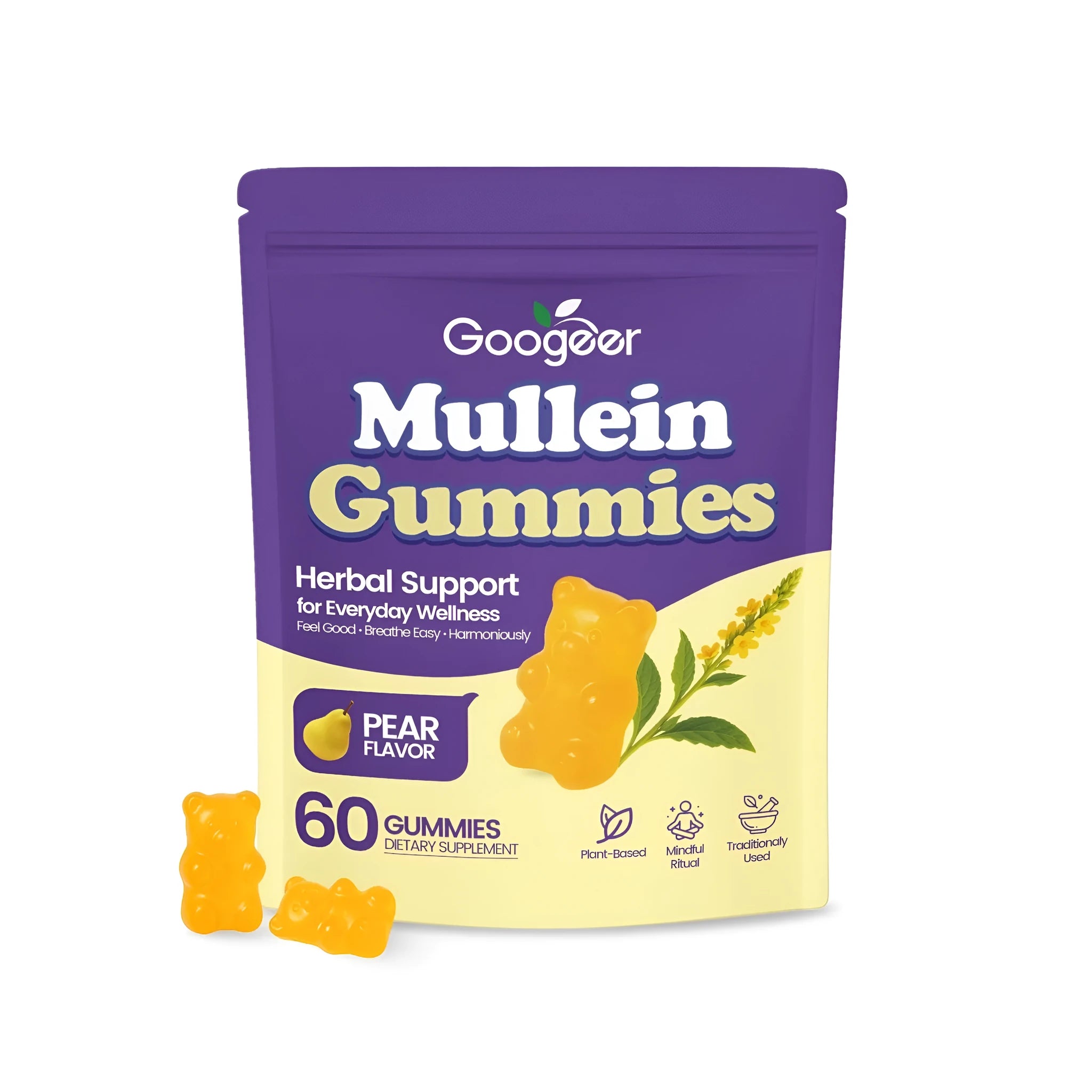 Mullein Gummies herbal supplement bottle containing 60 soft candies with Verbena officinalis leaf extract