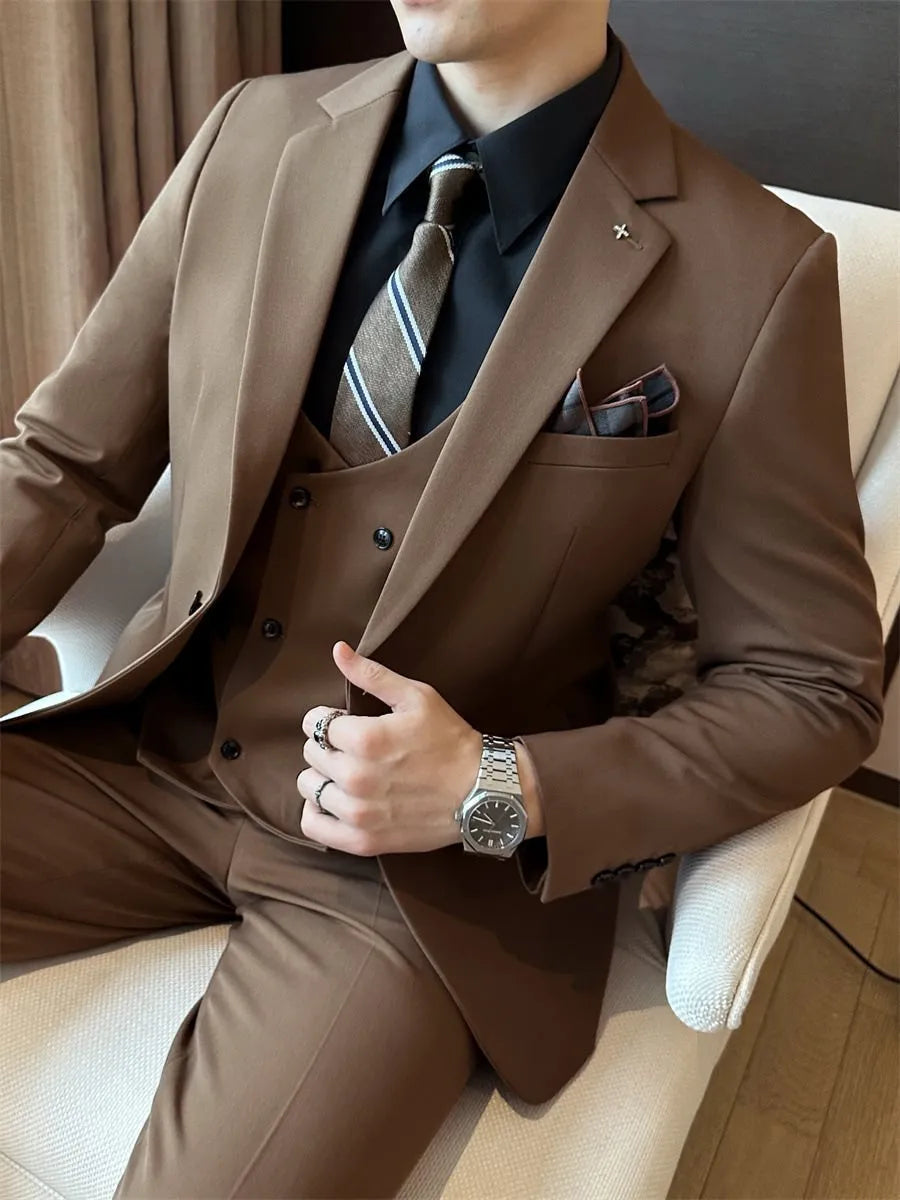 Men's slim fit business formal jacket in dark green, brown, or camel colour.