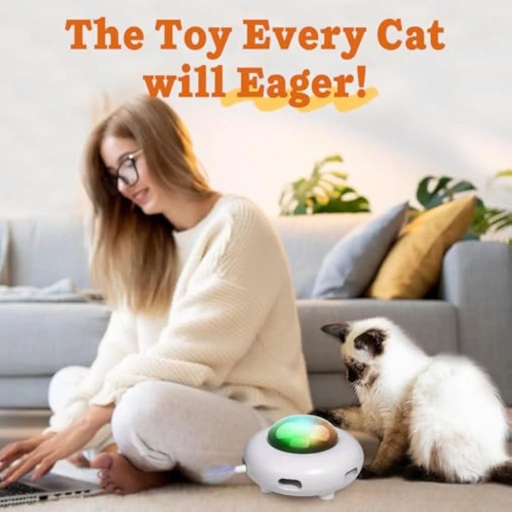 White UFO-shaped automatic cat toy with colourful feathers and LED lights