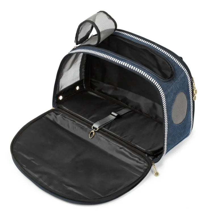 Blue denim pet diaper bag with cartoon print, dimensions 43x20x30cm.