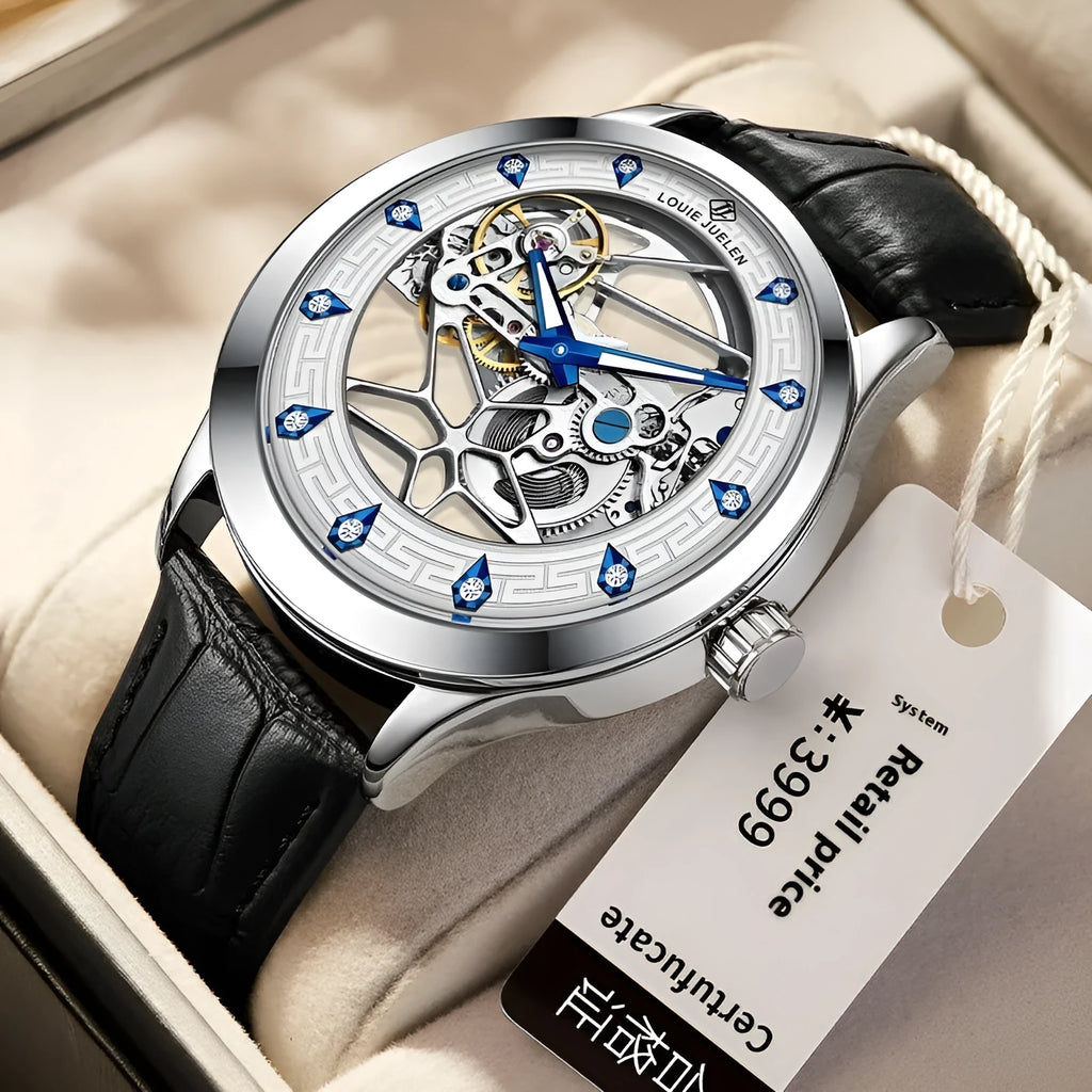 Men's silver case mechanical watch with white dial, blue hands, and black leather strap.