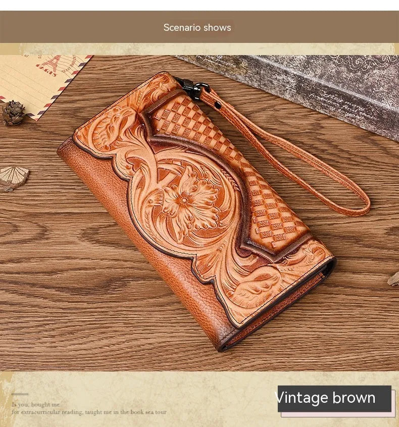 Retro brown embossed floral tri-fold wallet made from genuine cowhide leather.