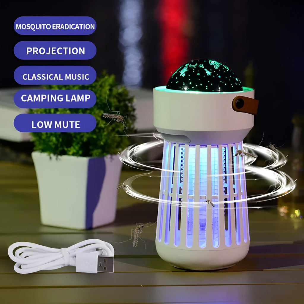 White electric mosquito killer lamp with star projection feature and foldable handle for indoor and outdoor use
