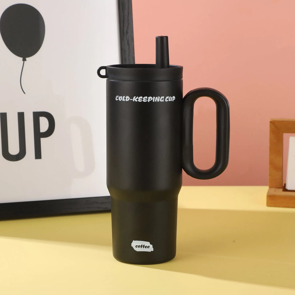 Insulated straw cup with handle showing 710ml capacity and leak-proof lid in assorted colours