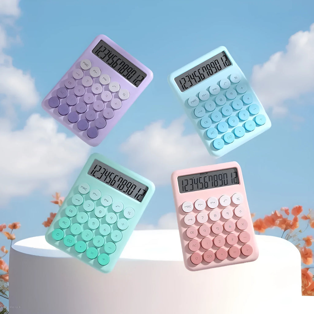 Desktop calculator with colourful gradient design in violet, cherry blossom, blue, and mint green tones