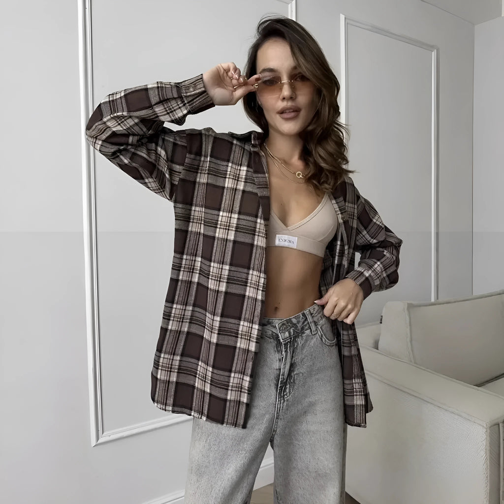 Women's dark brown striped long sleeve shirt with retro styling and optional pocket