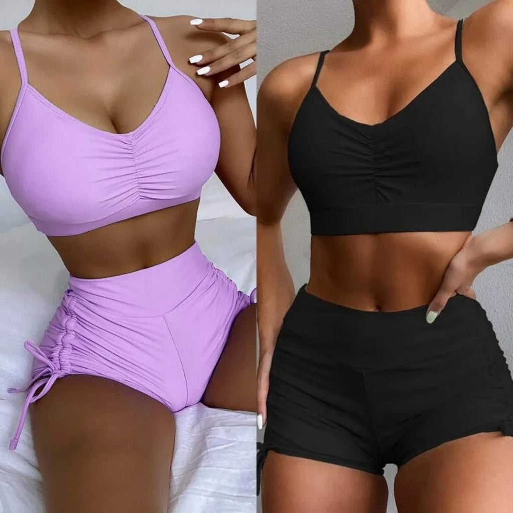 Women's purple high waist split bikini swimsuit with separate top and shorts
