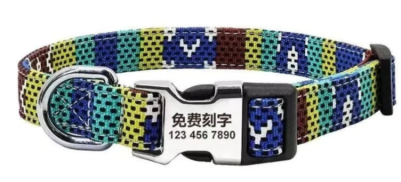 Colourful canvas dog collar with semi-metal buckle in striped floral pattern