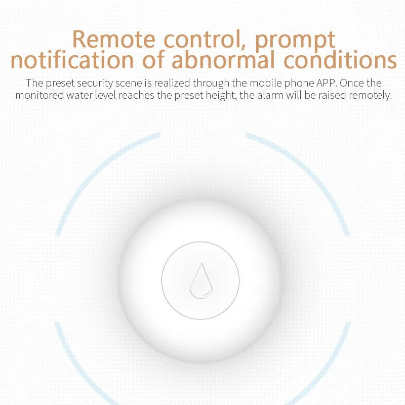 Wireless Zigbee water sensor with white PC housing, measuring 50mm by 17mm, for smart home flood detection.