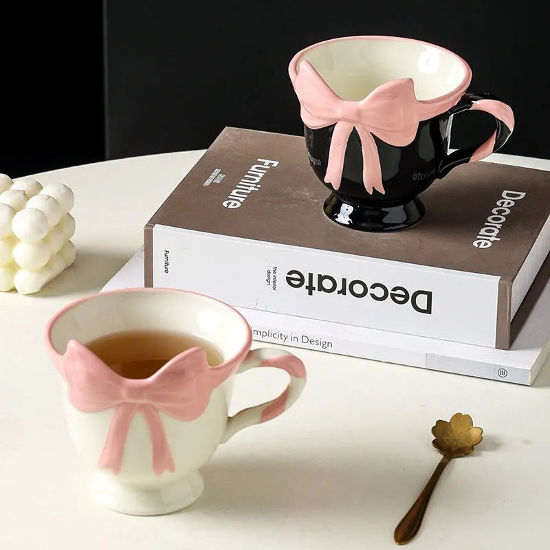 Ceramic heart bow mug in black pink colour with 350ml capacity