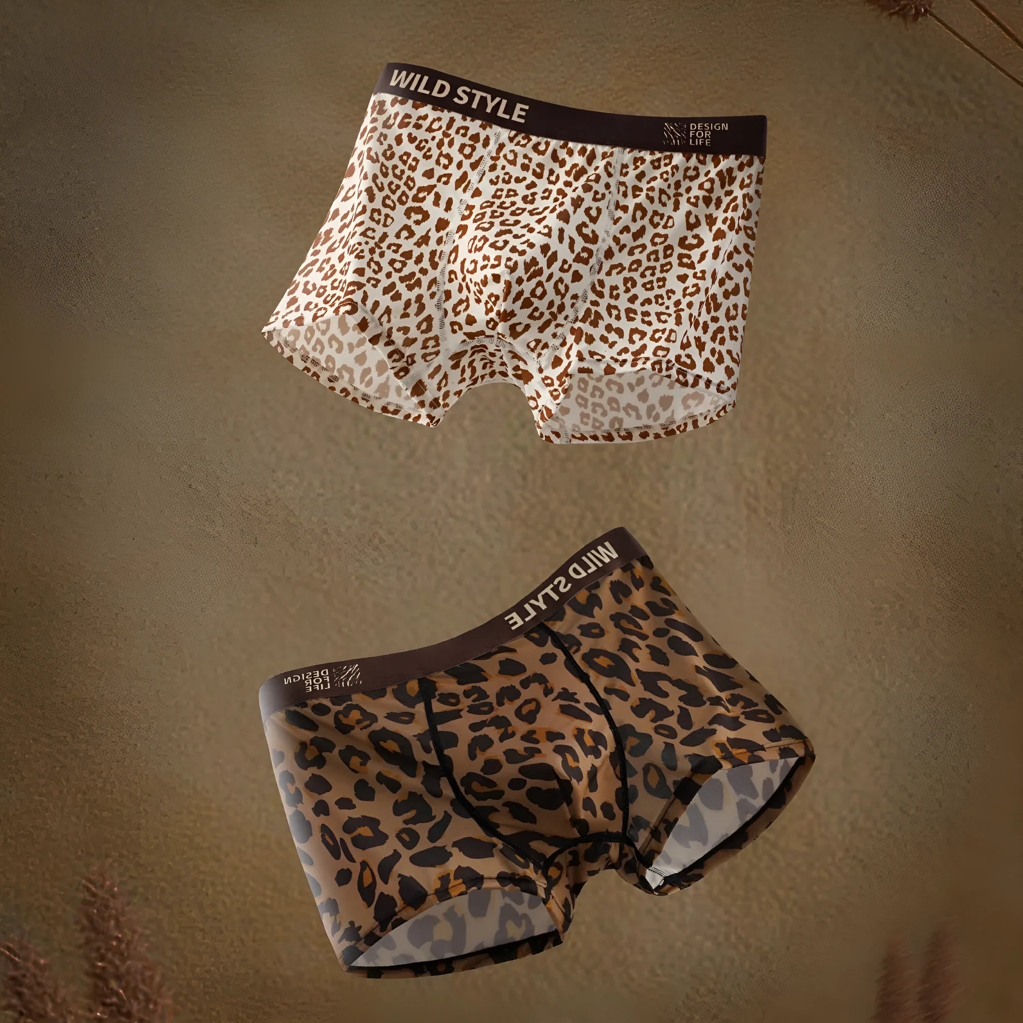 Men's leopard print ice silk underwear with mid waist design and polyester knit fabric