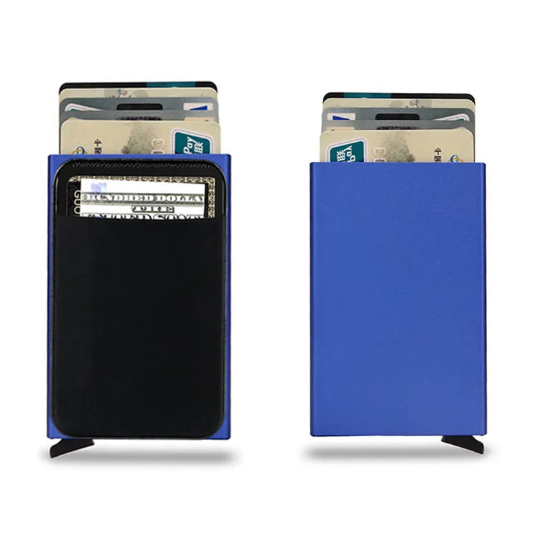 Aluminium alloy metal credit card holder with frosted finish showing eight colour options