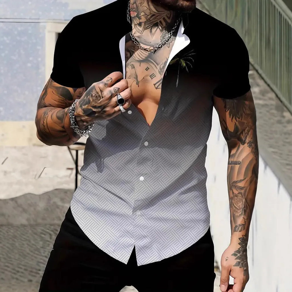 Men's geometric line print lapel short sleeve shirt in slim fit polyester fabric