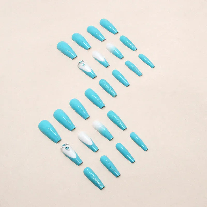 Smart blue diamond false nails with long ballet shape and included adhesive glue