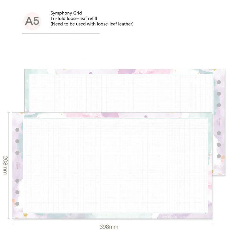 Handbook loose-leaf refill showing floral monthly planner and Symphony tri-fold layouts in A5, A6, and A7 sizes
