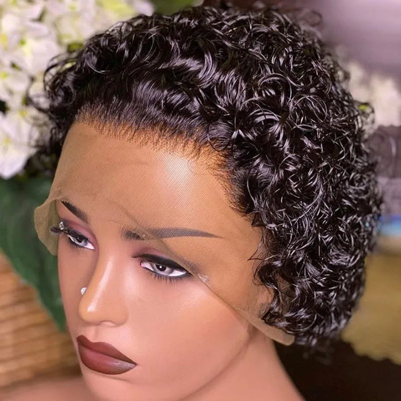 Black human hair lace front pixie wig on a mannequin head