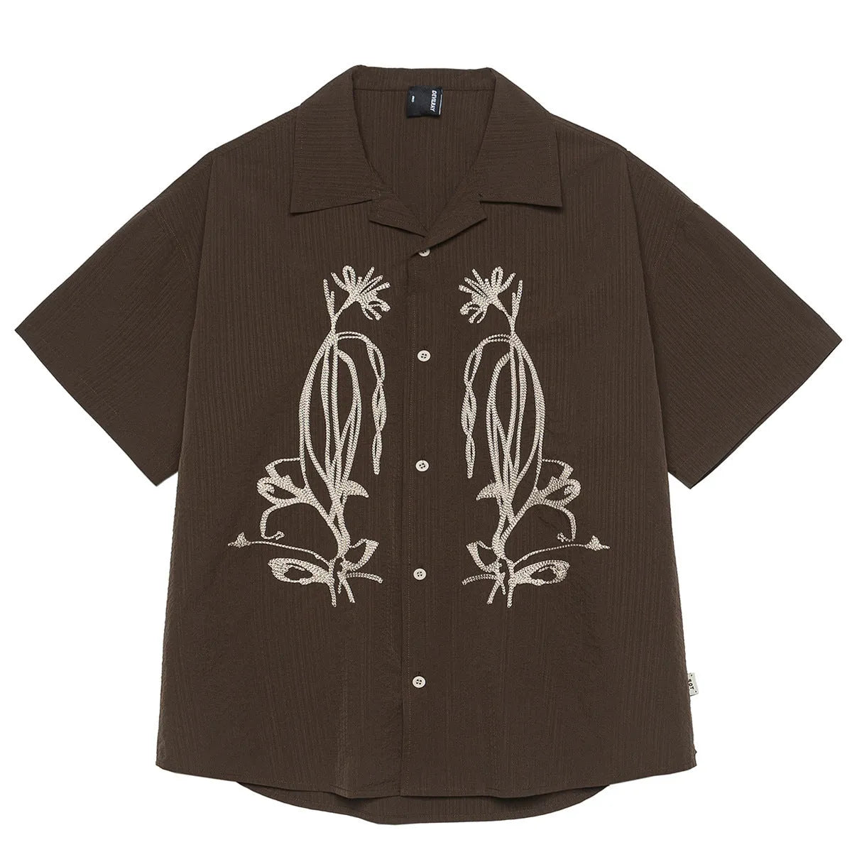 Brown stripe polyester outdoor shirt with Cuban collar and short sleeves for camping
