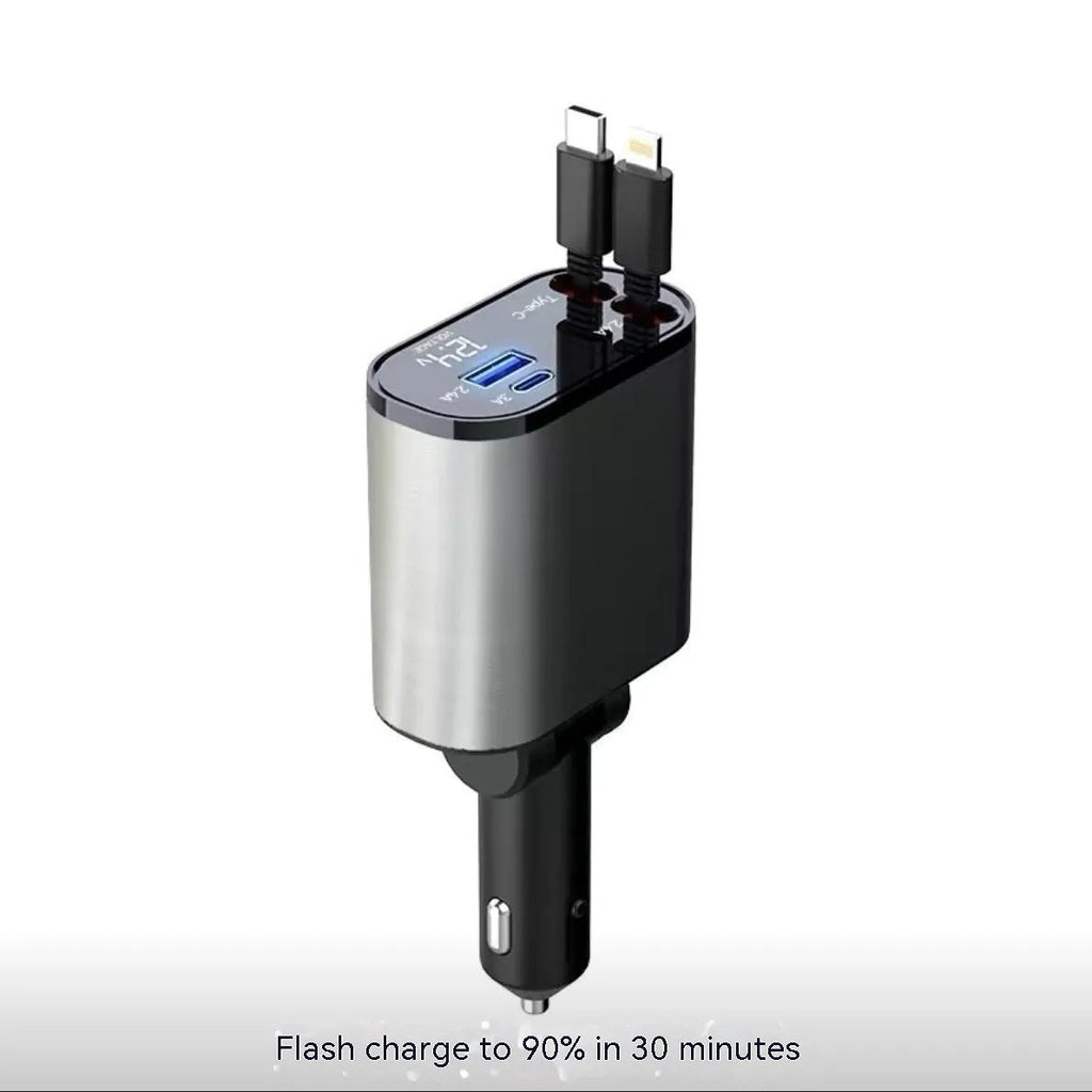 Automatic retractable car charger plugged into a vehicle's cigarette lighter socket with four USB cables extended.