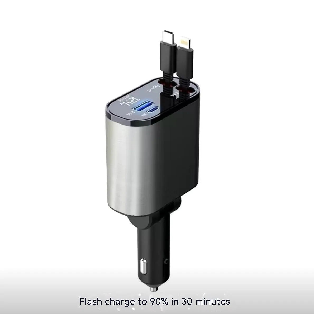 Automatic retractable car charger plugged into a vehicle's cigarette lighter socket with four USB cables extended.