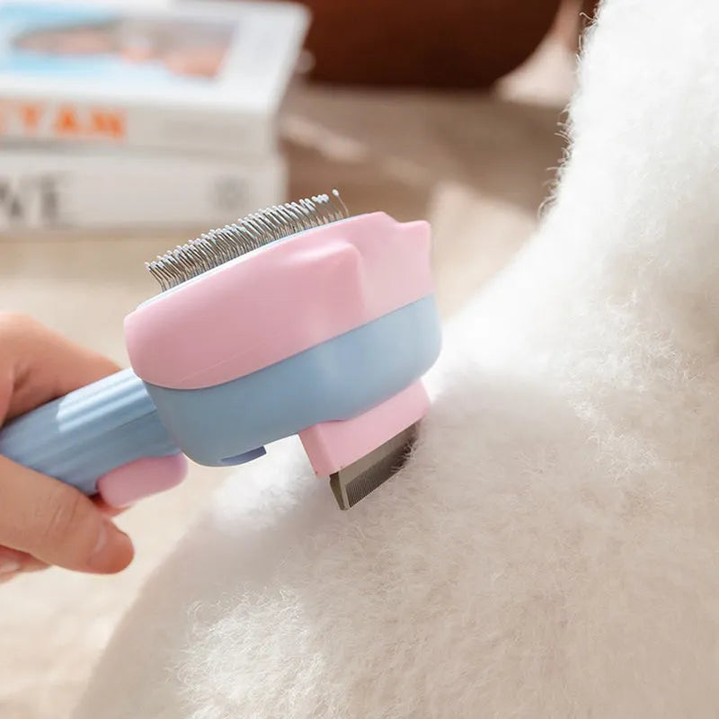 Blue and green double-sided pet grooming brush with deshedding rake and dematting comb