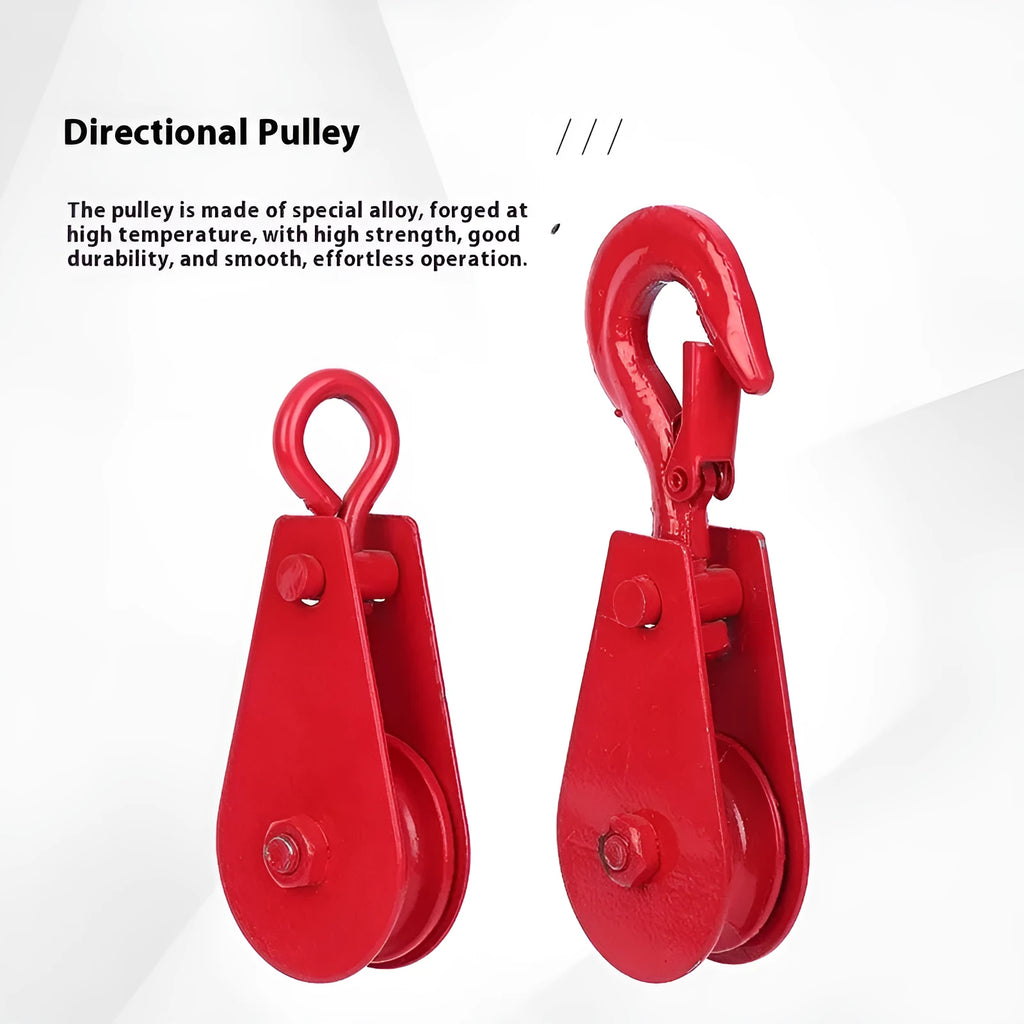 Red industrial lifting pulley with a safety latch, forged from steel for heavy-duty use.