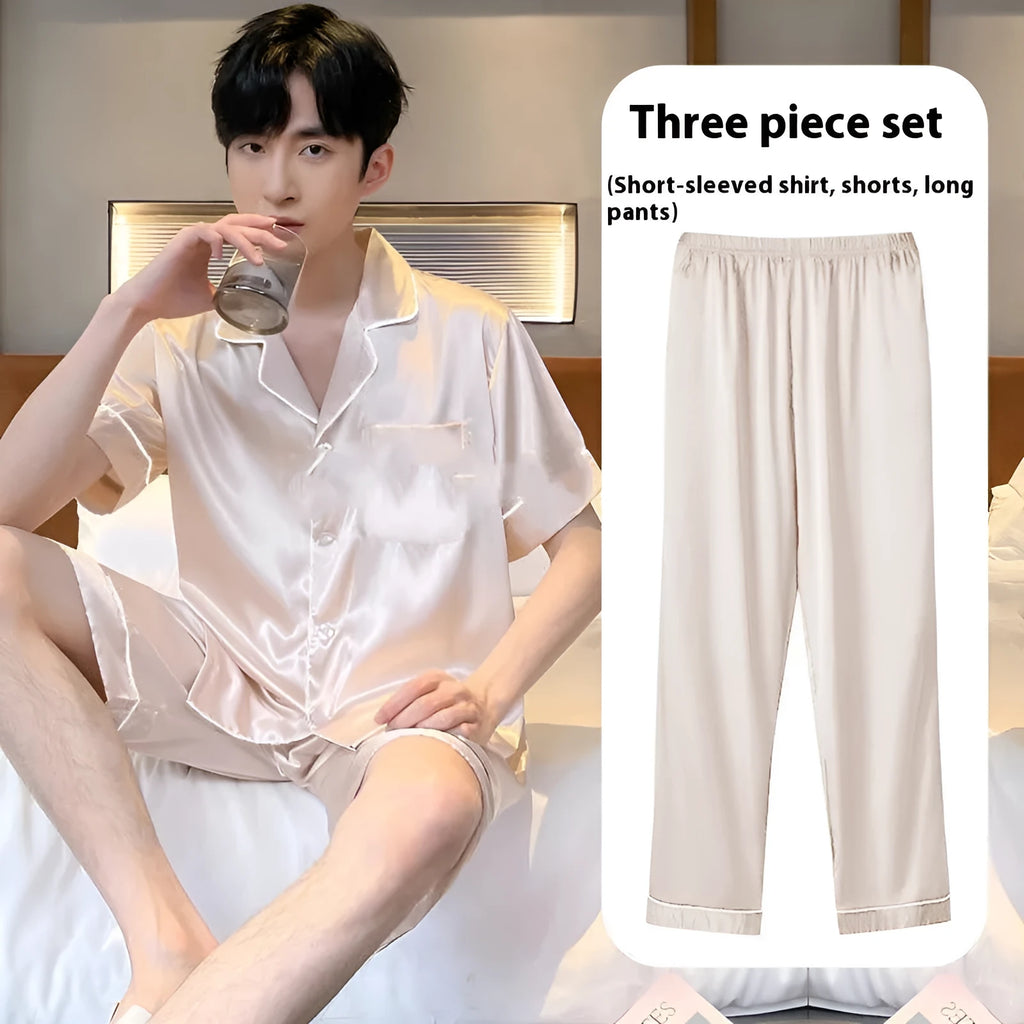 Men's ice silk three-piece home wear suit with shorts and trousers in thin material