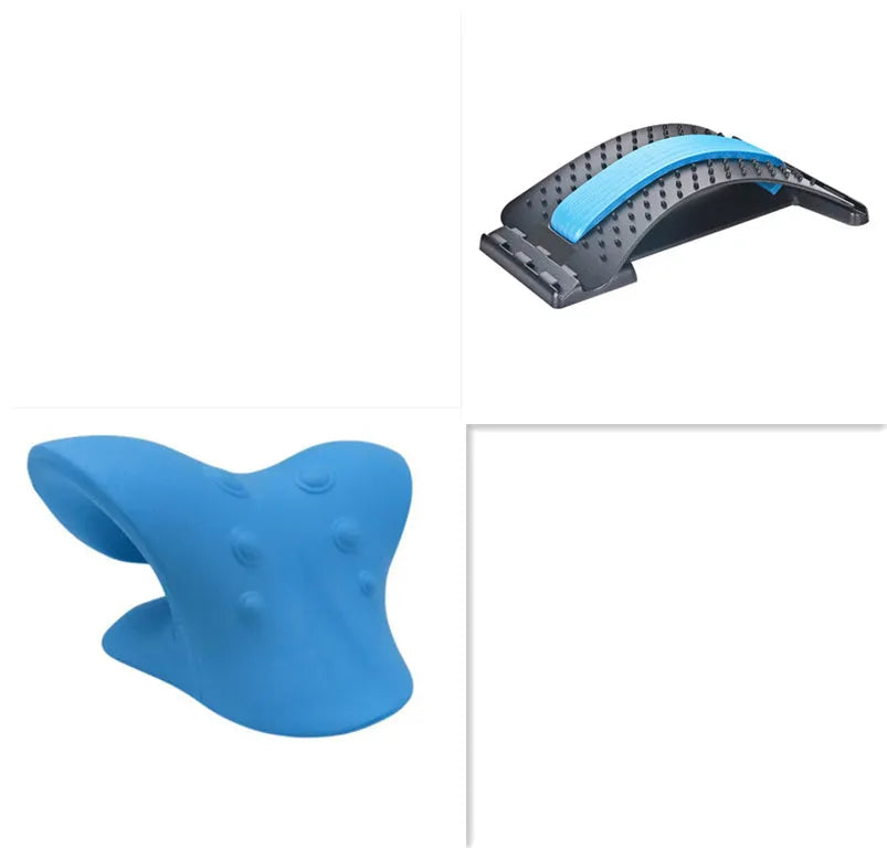 Blue manual swan-shaped neck massager with six rolling wheels and a natural crystal jade scraping board on a white background.