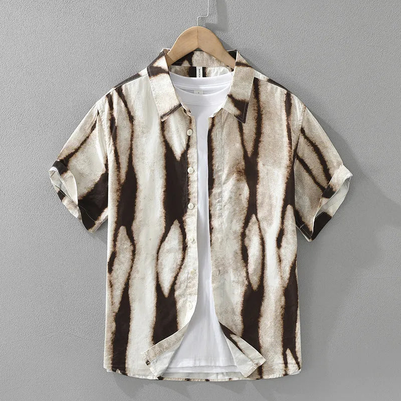 Retro striped short sleeve cotton shirt in black, shown in a loose fit.