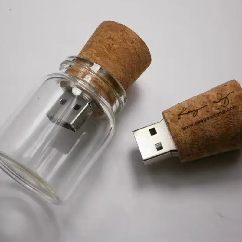 Wooden USB flash drive shaped like a drift bottle in a transparent casing.