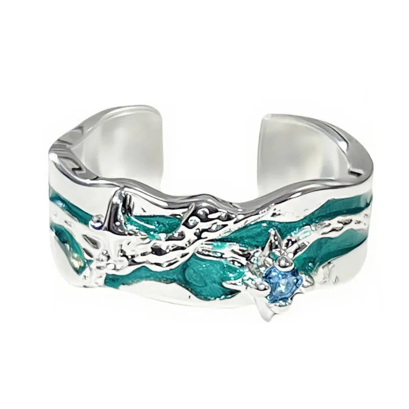 Mint green enamel copper ring with eight-point asterism star pattern and personalised text option