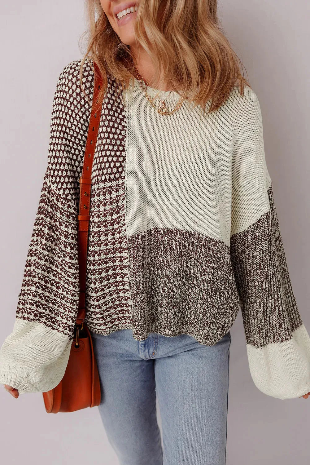 Dark khaki colour block loose sweater with a back tie and drop shoulder sleeves.
