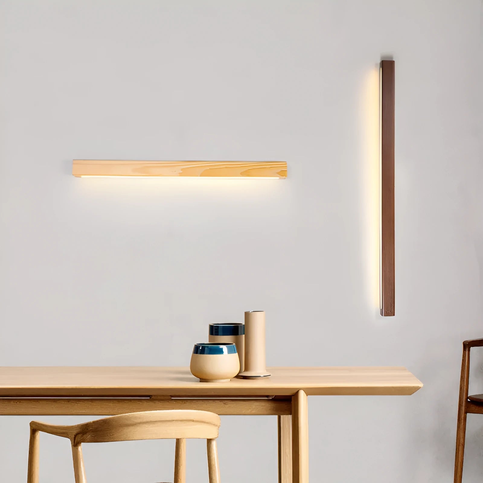 Walnut coloured Log Strip Wall Lamp linear LED light fixture in wood and acrylic
