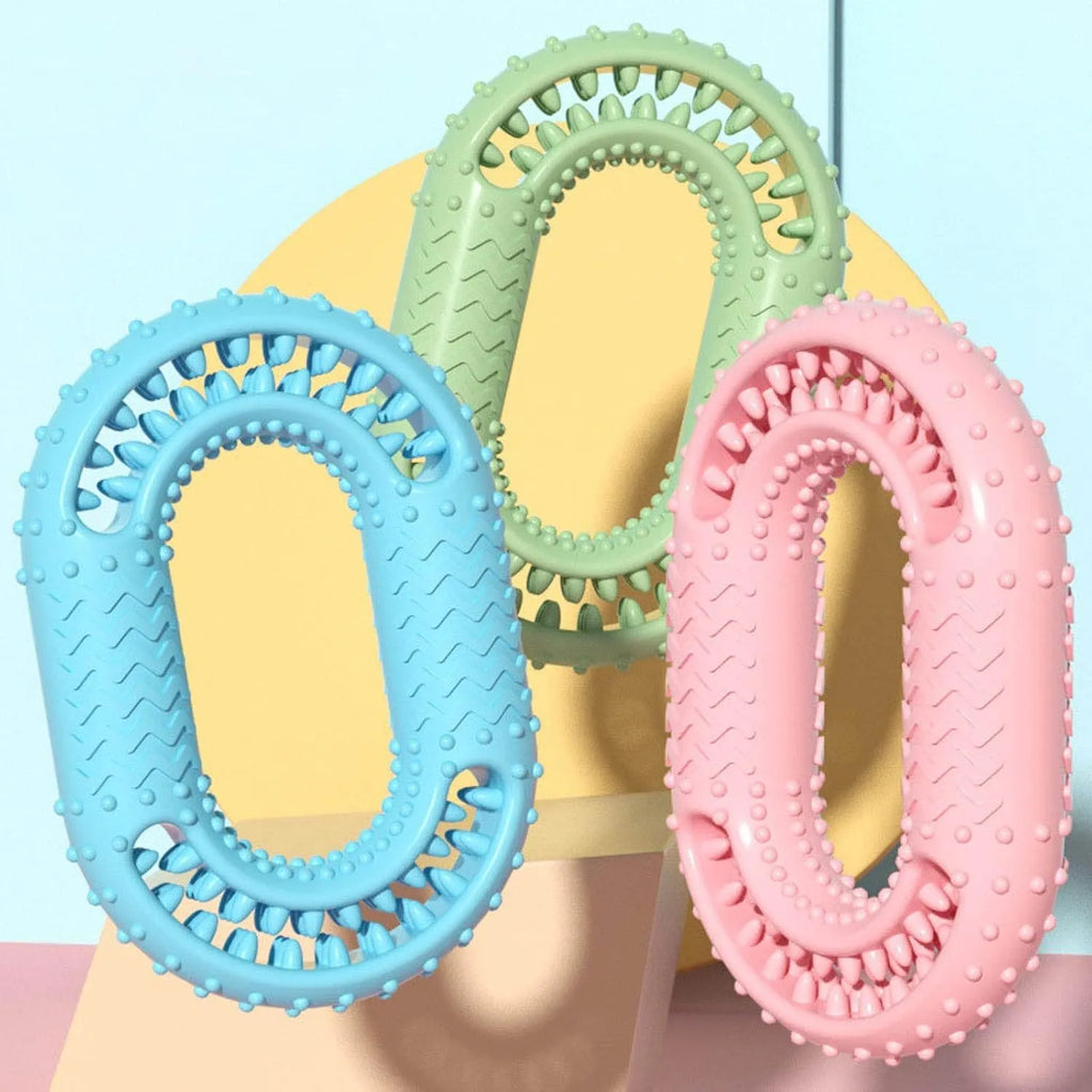 Blue O-ring shaped dog chew toy for aggressive chewers and dental care on a white background.