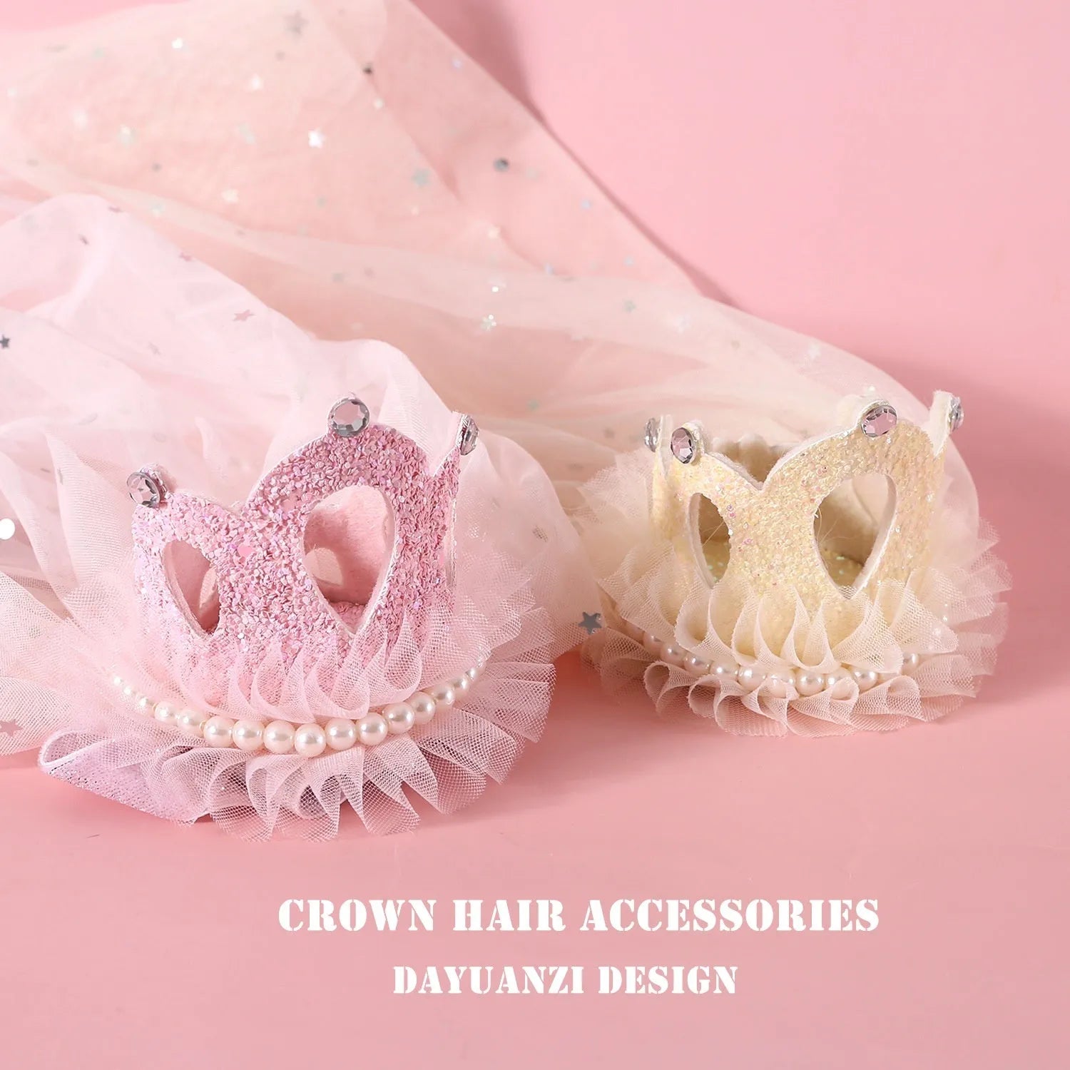 Pet princess crown headdress with veil in cotton polyester material, beige and pink colour options