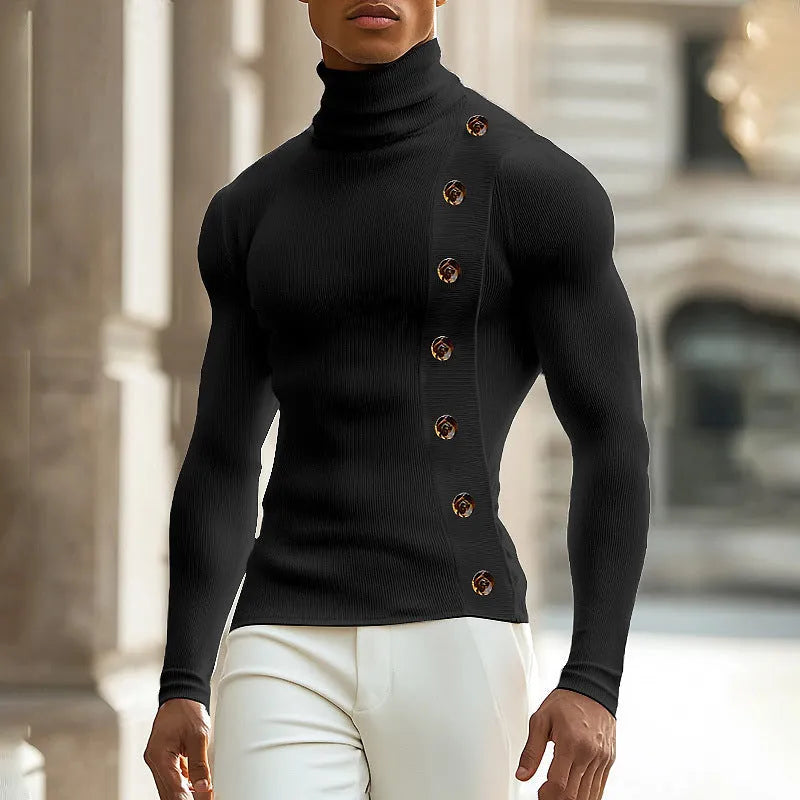 Men's casual slim fit turtleneck sweater with front buttons in black, side view