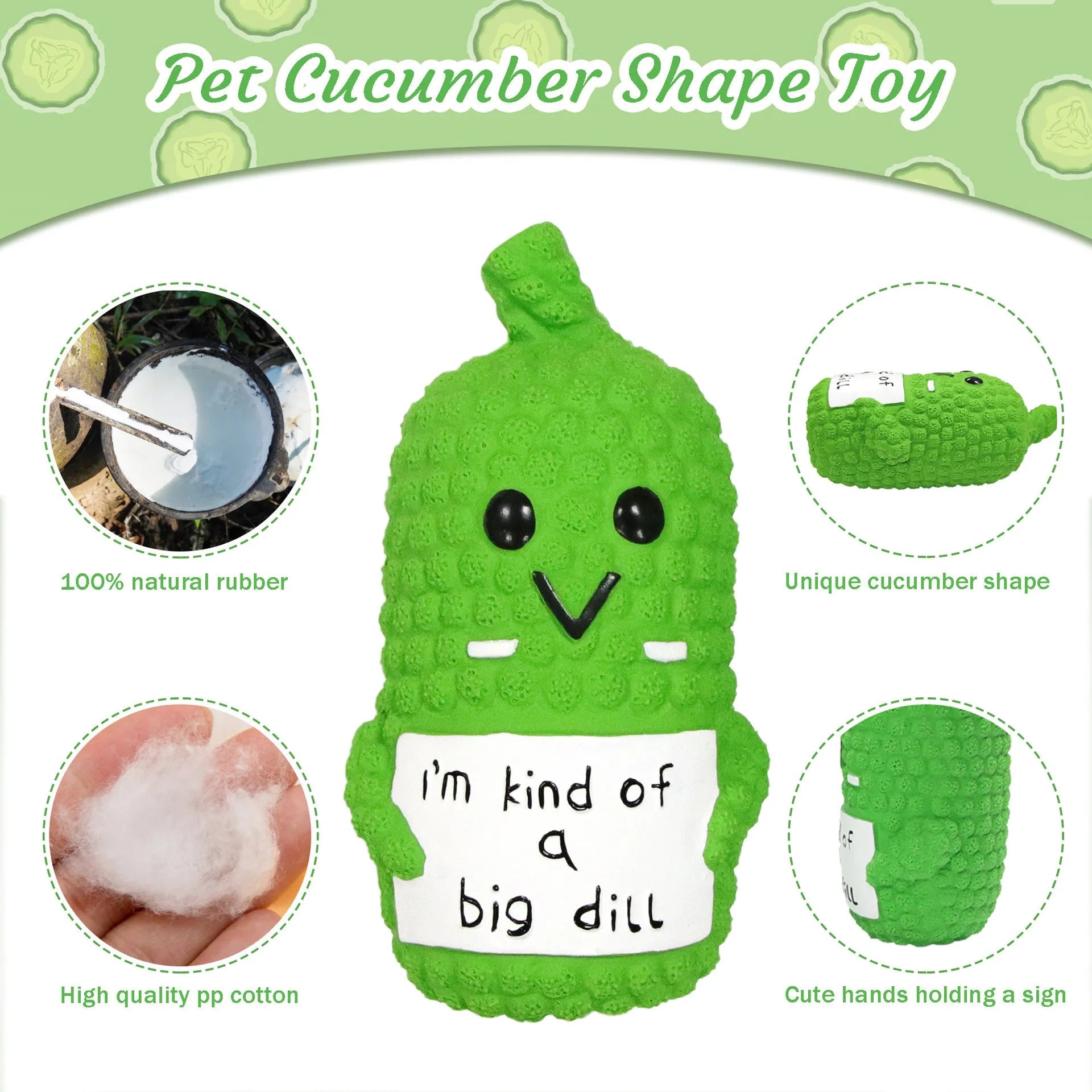 Green latex pickle dog toy with bumpy texture and squeaker inside.