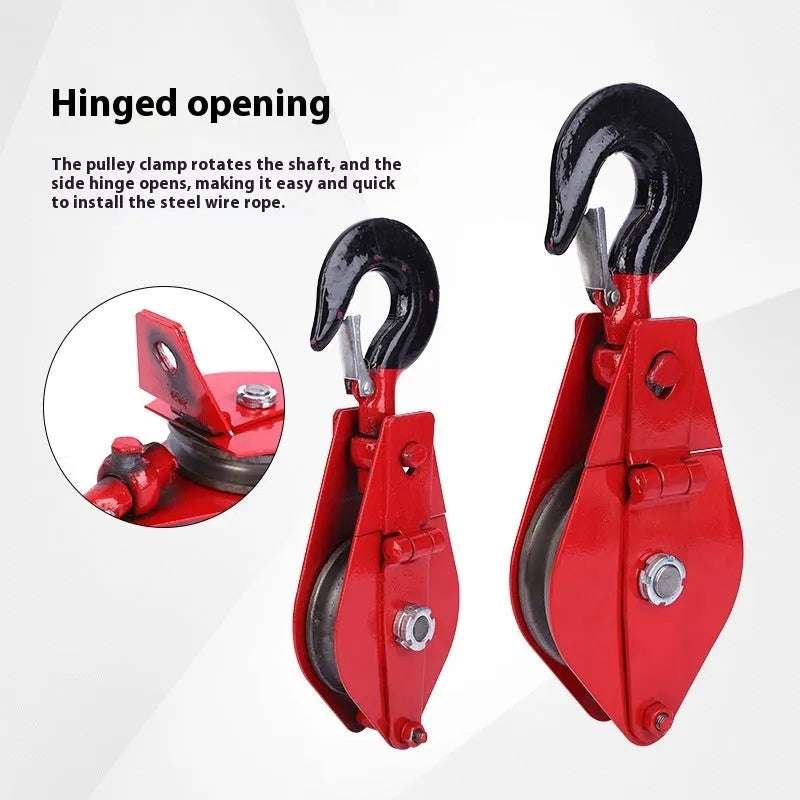 Red industrial lifting pulley with a safety latch, forged from steel for heavy-duty use.