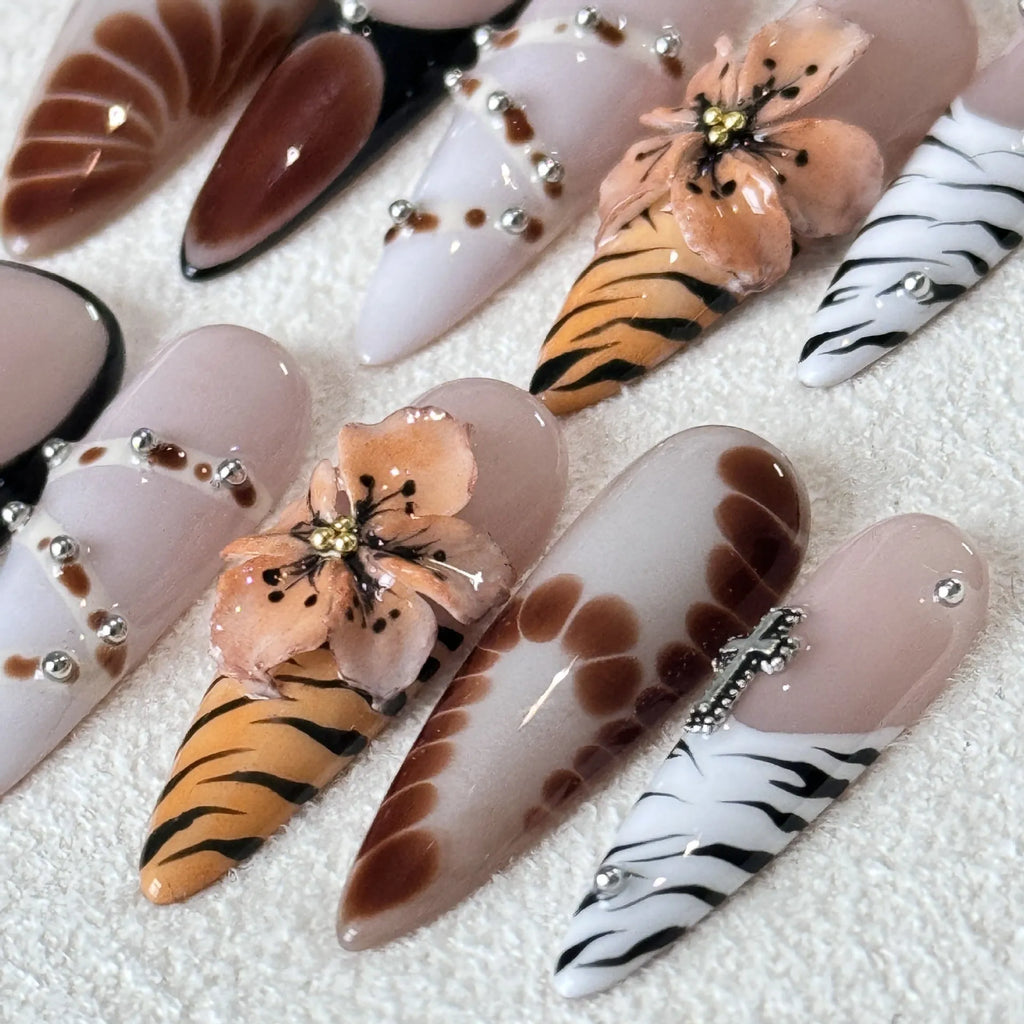 French style leopard print nail stickers with cross and floral patterns in 10-piece pack