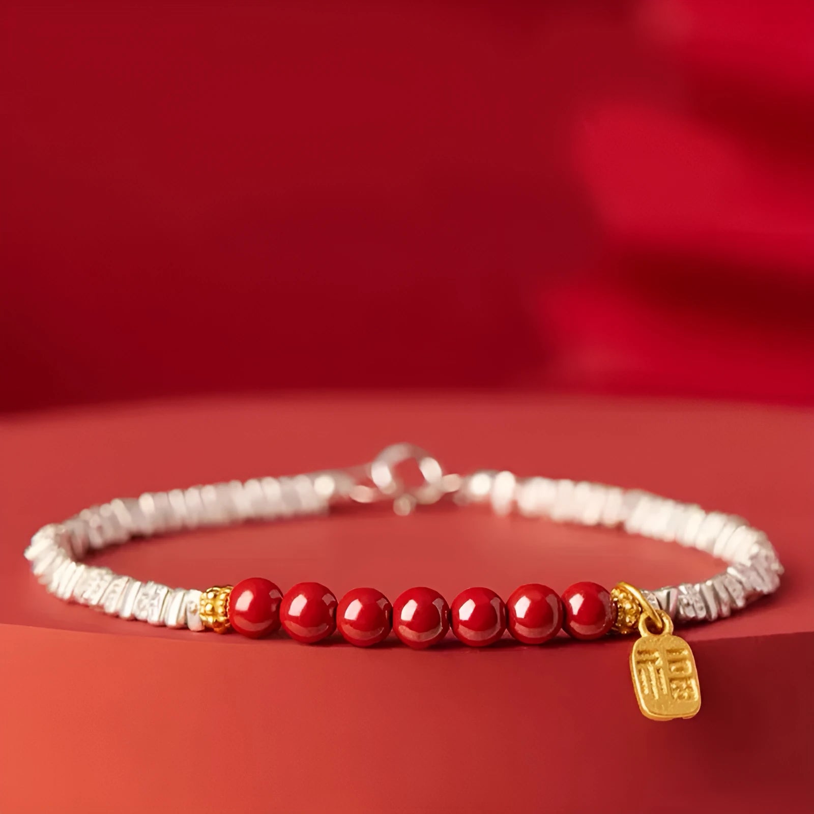 Silver lucky beads couple bracelet with geometric round beads and white K electroplated finish