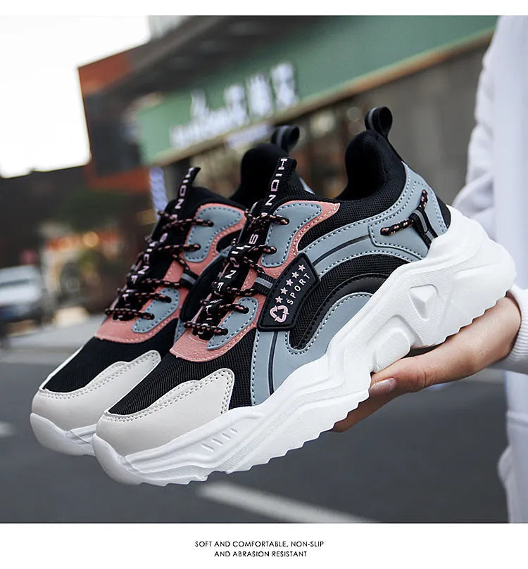 White and moonlight women's mesh casual sports shoes with thick sole, buckle detail, and round toe