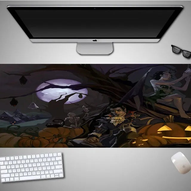 Oversized Halloween-themed mouse pad with non-slip rubber cloth backing shown in one of 28 available pattern designs