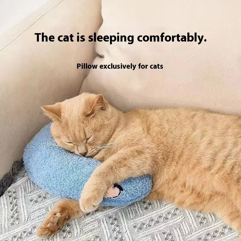 Blue U-shaped cat pillow in question mark style on a white background.